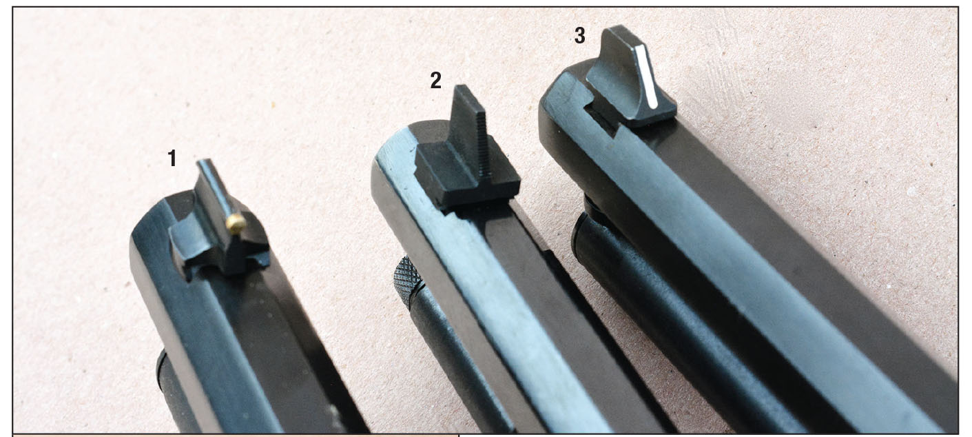 There are many excellent front sight options, including: (1) gold bead, (2) Skinner Guide and  (3) X-S white strip.